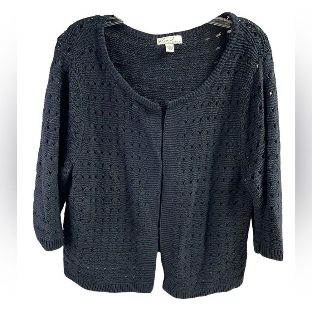 KIM ROGERS Ladies Black Open Knit Long Sleeve Ribbed Open Front Cardigan Size XL